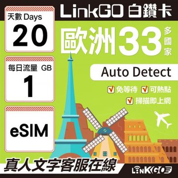 LINKGO白鑽卡 歐洲33國 eSIM卡 20天上網卡 每日1GB(歐洲網卡 西班牙 德國 奧地利 英國)