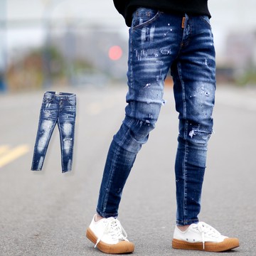 【NB1410J】韓國製深藍刷白噴漆小刷破補丁合身版牛仔褲(LE-HB160)