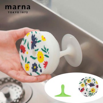 【日本 MARNA】日本製POCO系列廚房海綿菜瓜布附吸盤-花園款3組(吸盤顏色隨機)(原廠總代理)