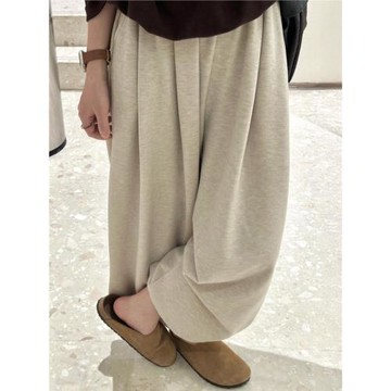 燕麥色糯米休閑褲女秋冬加絨胖妹妹mm高腰寬松顯瘦垂感九分闊腿褲