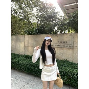 運動風套裝白色工字背心針織開衫小外套女裝秋季半身裙短裙三件套