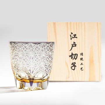日式江戶切子 手工雕刻麻葉紋威士忌杯 紫色 客製化刻字 退休禮物