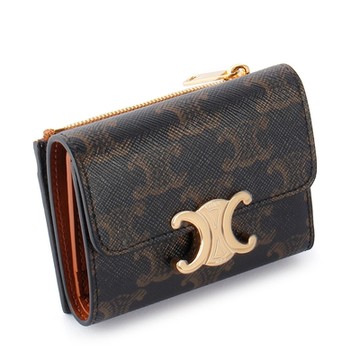 CELINE 賽琳 經典TRIOMPHE滿版老花帆布 凱旋門金屬釦三折短夾(附可拆式拉鍊證件夾)-深棕色