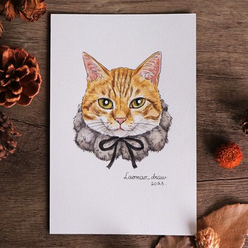 水彩插畫原畫稿 貓咪頭像 4X6 6吋 4009 橘貓與毛球領