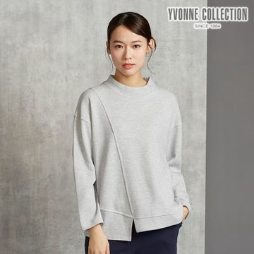 YVONNE 雙色提花剪接長袖上衣-寧靜灰