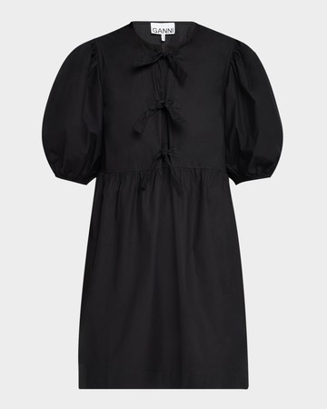 Tie-Front Puff-Sleeve Poplin Mini Dress