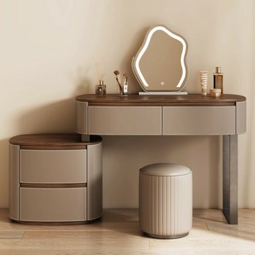鏡台 化妝桌 免運 開立發票 新款馬鞍皮實木梳妝臺床頭櫃輕奢簡約現代斗櫃一體小型化妝桌