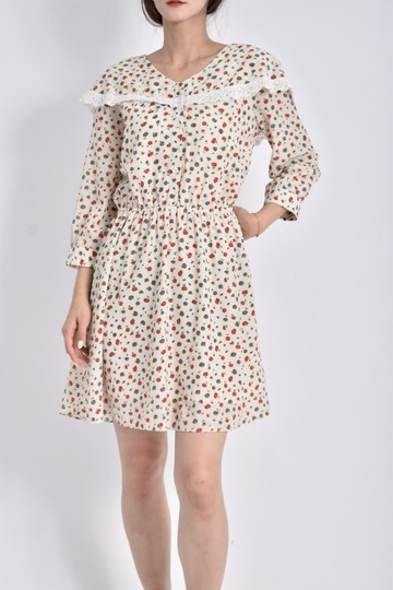 (M) lala質感七分袖花花杏色洋裝