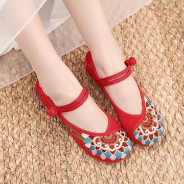 春夏 坡跟老北京布鞋 民族風繡花鞋女鞋單鞋 平底 軟底廣場舞蹈鞋