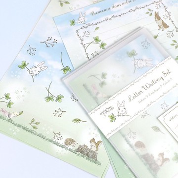 信紙組 ecru forest 系列 適用於信件、信紙・信封・收信人貼紙 兔子與松鼠或刺૪ 動物 四葉幸運草 森林風景 也適用於手帳裝飾