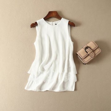 外貿原單  西班牙  粘膠 仙女 蕾絲拼接豎條紋無袖上衣