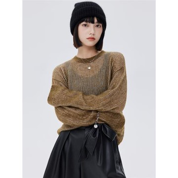 束恩含羊毛馬海毛潮條紋針織茶棕圓領長袖寬松毛衣女秋季2025新款