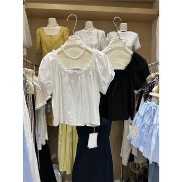 夏季甜美泡泡短袖時尚十三行潮流休閑圓領拼蕾絲花邊系帶壓褶上衣