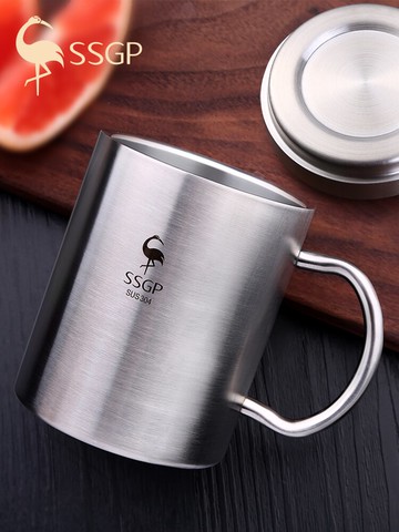 辦公室家用304不銹鋼雙層帶蓋把手手柄喝水杯可愛簡約女兒童防摔