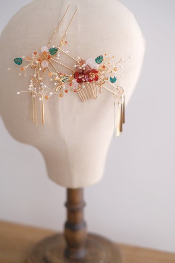 (綠葉粉晶)古典琉璃新娘頭飾Bridal Headpiece,中式頭飾(一套4件)