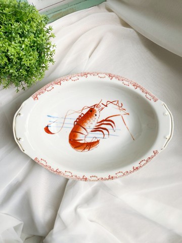 【好日戀物】台灣二戰後初期老物阿嬤的手繪金邊紅蝦橢圓腰子碗