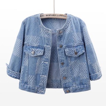 2024春夏新款時尚格子印花圓領牛仔外套女短款中袖小披肩上衣夾克