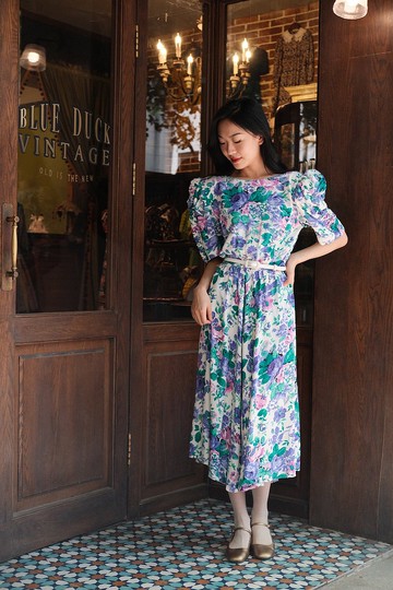 Vintage dress美產復古褶皺泡泡袖印花連衣裙古著洋裝