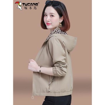 啄木鳥連帽女士短外套2026新款春秋洋氣中年媽媽春季休閑夾克上衣