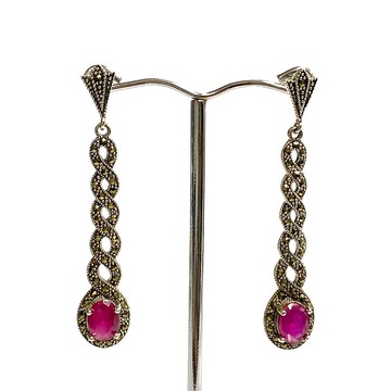 裝飾藝術風格紅寶石與白鐵礦大螺旋耳環 925 純銀