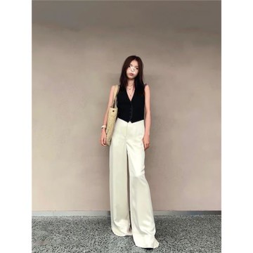 小眾輕奢v領包邊單排扣收腰馬甲背心上衣高腰顯瘦闊腿長褲套裝夏