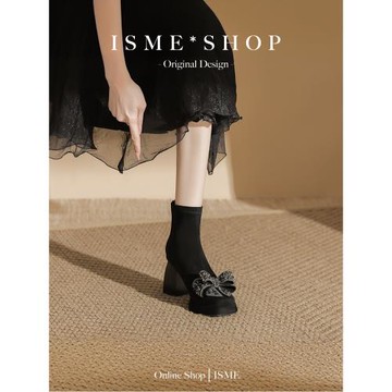 女水鉆短筒秋冬蝴蝶結法式粗跟短靴彈力絨面氣質瘦瘦靴不累腳2024