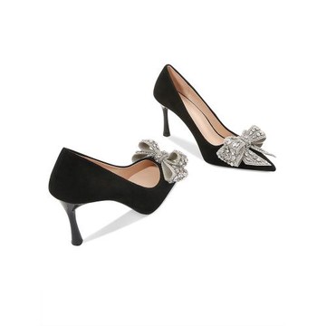 黑色絨面水鉆蝴蝶結名媛性感職業工作高跟女單鞋酒杯跟通勤溫柔風