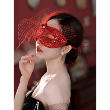 原創紅色面具半臉女時尚性感氣質網紗萬圣節化妝舞會晚宴新娘配飾