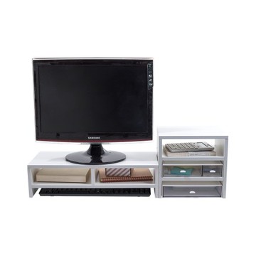 樂嫚妮 螢幕增高鍵盤收納架/附三層桌上收納櫃/左右互換-(3色)白色