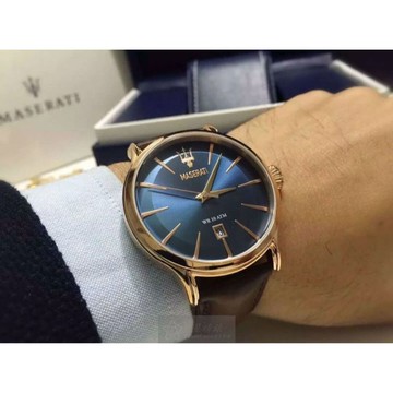 點數9%★MASERATI瑪莎拉蒂男女通用錶,編號R8851118001,42mm玫瑰金圓形精鋼錶殼,寶藍色簡約錶面,咖啡色真皮皮革錶帶款,頂級時尚!【APP下單享9%點數上限5000點】