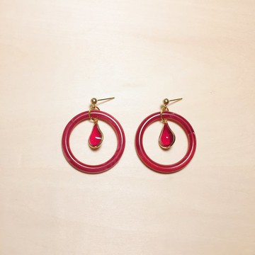復古紅圈圈紅色金邊水滴耳環