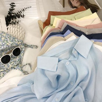 天然高級感混天絲亞麻長袖凈色襯衫女夏防曬寬松休閑日系襯衣