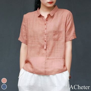 【ACheter】短袖棉麻寬鬆復古翻領短版純色上衣# 118372 (現貨+預購)
