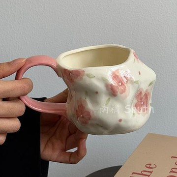 復古不規則手繪花綻粉漫馬克杯子陶瓷水杯大容量咖啡杯飲品杯禮物