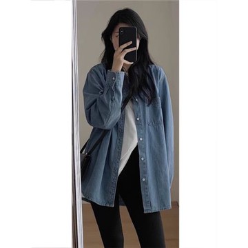 小個子牛仔襯衫外套女2025秋季新款遮屁股上衣中長款寬松休閑襯衣