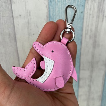 療癒小物 粉紅色 可愛 海豚 純手工縫製 皮革 鑰匙扣 小尺寸