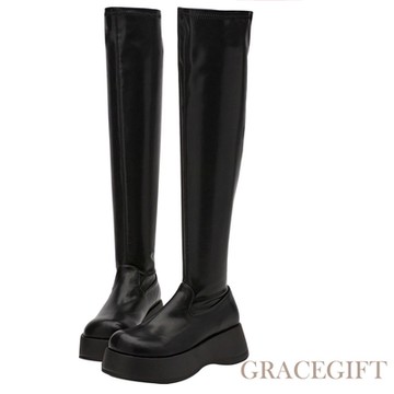 【Grace Gift】完美比例輕量厚底襪套膝上靴 黑