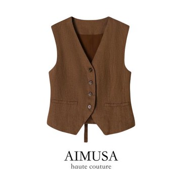 (免運)AIMUSA 25春夏老錢風烏木棕亞麻馬甲背心女夏季薄款時髦單穿馬夾