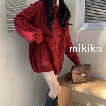 美木子｜針織洋裝｜喜洋洋紅色 長版針織 M9030 下半身失蹤 麻花洋裝 針織上衣 中長款 針織 過年紅洋 紅色