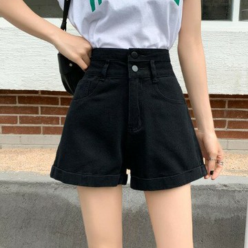 黑色牛仔短褲 女設計感小眾夏季辣妹高腰顯瘦寬松a字熱褲【不二雜貨】