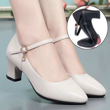 媽媽鞋單鞋真皮軟底工作鞋女黑色春款配旗袍跳舞鞋高跟一字扣皮鞋