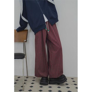 泡菜小姐 時髦古早感格子褲 秋冬復古直筒松緊腰休閑顯瘦闊腿褲女