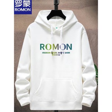 羅蒙純棉衛衣男士加絨加厚寬松國潮百搭休閑柔軟印花連帽衫青少年