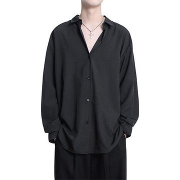 白色長袖襯衫男士新款韓版垂感上衣寬松高級感冰絲純色涼感襯衣潮