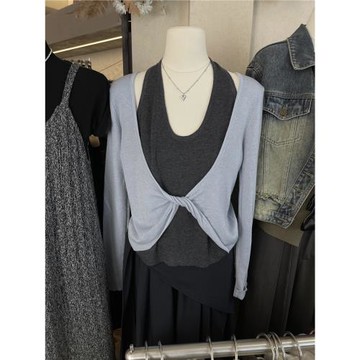 2025年時尚個性秋季撞色甜美減齡氣質寬松百搭氣質假兩件針織上衣