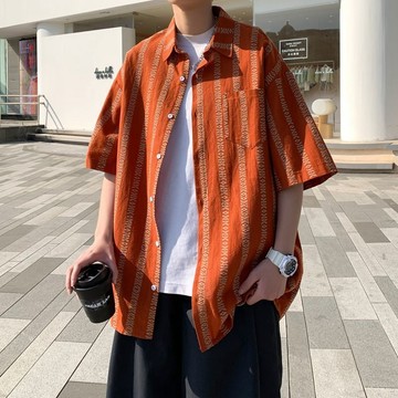 【台灣出貨】 條紋短袖襯衫男夏季冰絲寬鬆潮牌潮流設計感高級痞帥夏威夷花襯衣