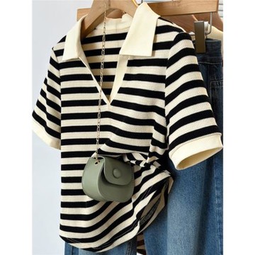 冰絲條紋v領polo衫女夏季薄款2024新款顯瘦獨特針織短袖別致上衣