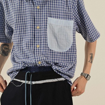 【NaSuBi Vintage】Upcycling拼色口袋短袖古著襯衫