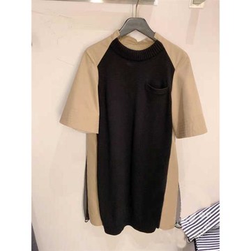 FOG SACAI 2024夏季新款五分袖百搭圓領拼紗雙色針織拼接連衣裙女