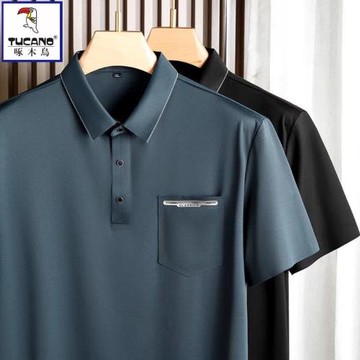 啄木鳥冰絲夏季帶翻領有口袋短袖t恤男polo衫加肥大碼中年爸爸兜